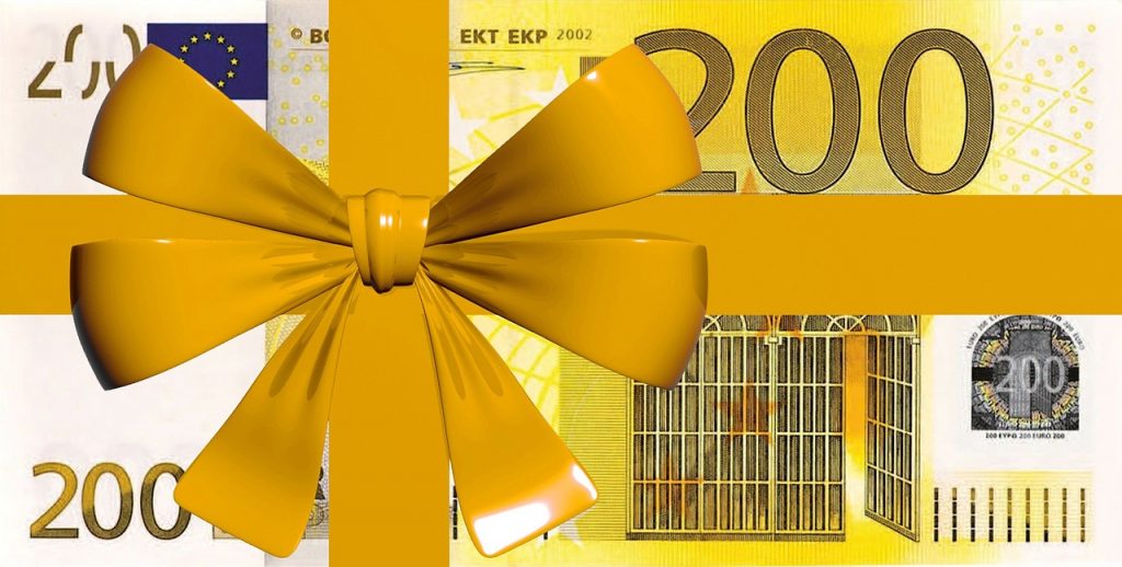 200-Euro-Schein mit einer gelben Schleife darum.